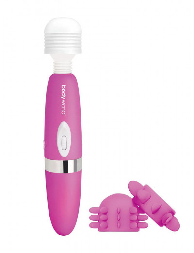 Розовый ротационный жезловый вибратор с двумя насадками 360° Spinning Head Wand Massager Set