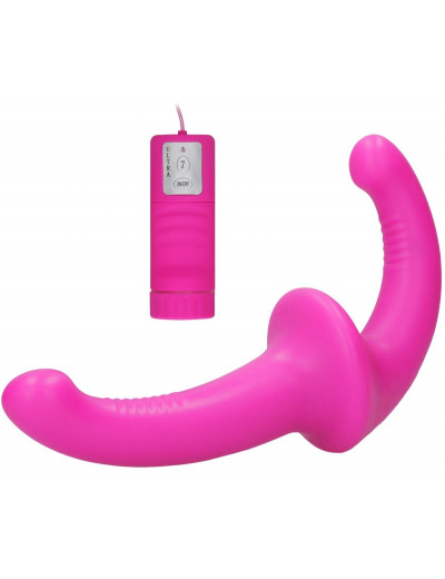 Розовый безремневой вибрострапон с пультом управления Vibrating Silicone Strapless Strapon