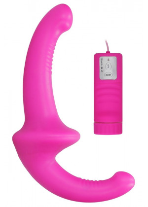 Розовый безремневой вибрострапон с пультом управления Vibrating Silicone Strapless Strapon
