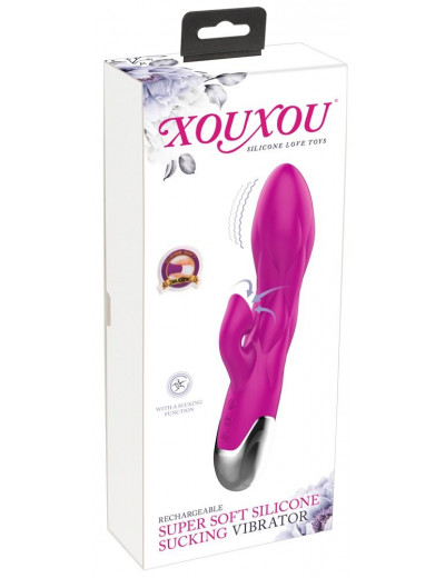 Лиловый вибратор-кролик Super Soft Silicone Sucking Vibrator - 20 см.