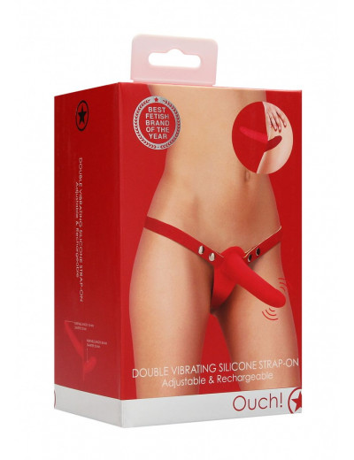 Красный двойной вибрострапон Double Vibrating Silicone Strap-On Adjustable - 15,5 см.