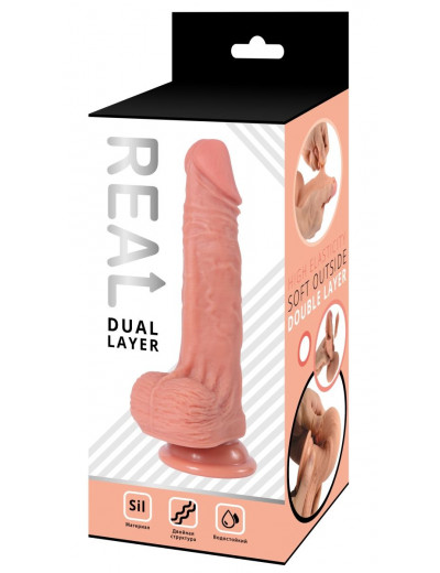 Телесный фаллоимитатор-реалистик с мошонкой Real Dual Layer - 20 см.