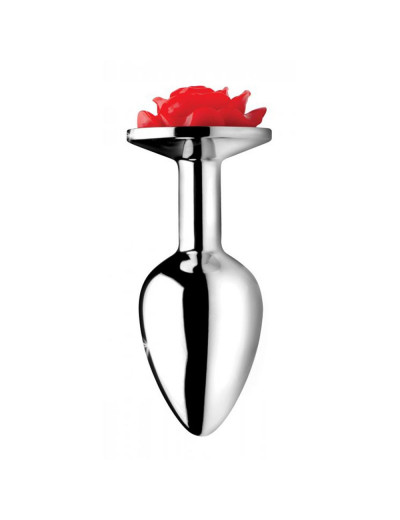 Серебристая анальная пробка с розой Red Rose Butt Plug - 8 см.
