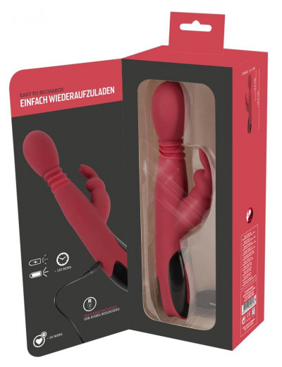 Красный вибромассажер с клиторальным отростком Rabbit Vibrator - 26,5 см.