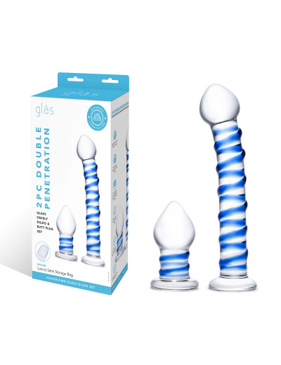 Набор из 2 стеклянных игрушек с синей спиралью Swirly Dildo   Buttplug Set