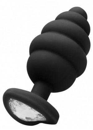 Черная анальная пробка Extra Large Ribbed Diamond Heart Plug - 9,6 см.