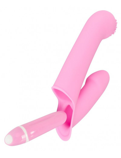 Нежно-розовая двойная вибронасадка на палец Vibrating Finger Extension - 17 см.