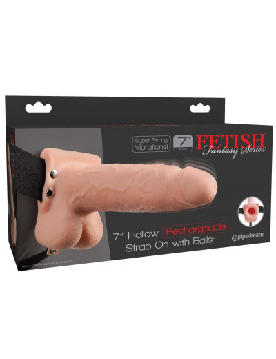 Телесный перезаряжаемый вибрострапон 7  Hollow Rechargeable Strap-on with Balls - 20,3 см.
