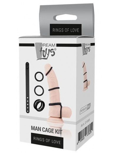 Набор из 3 черных эрекционных колец и ремня MAN CAGE KIT