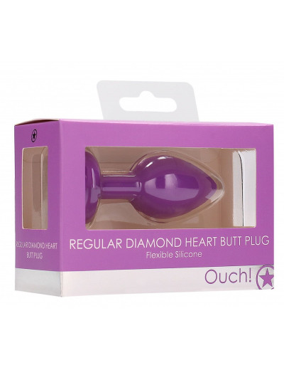 Фиолетовая анальная пробка с прозрачным стразом Diamond Heart Butt Plug - 7,3 см.