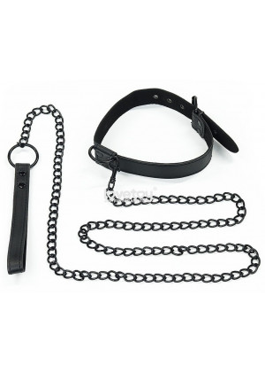 Черный ошейник Bondage Fetish Black Matt Collar With Leash с цепочкой-поводком