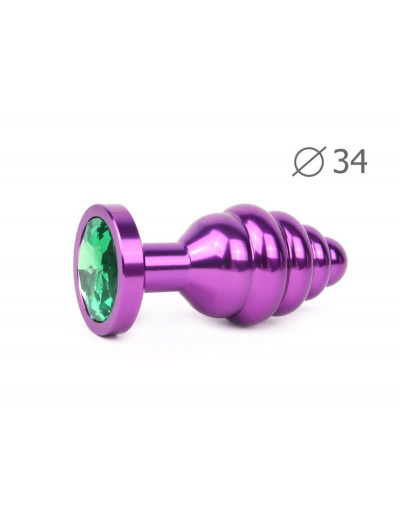 Коническая ребристая фиолетовая анальная втулка с зеленымм кристаллом - 8 см.