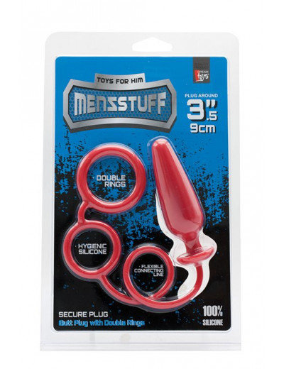 Красное эрекционное кольцо с подхватом и анальным стимулятором MENZSTUFF 3.5INCH DOUBLE RING ANAL PLUG
