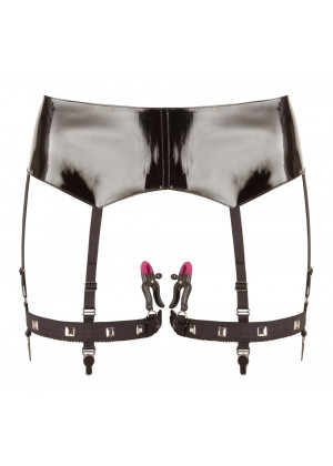 Черная сбруя на бедра с зажимами для половых губ Suspender Belt with Clamps