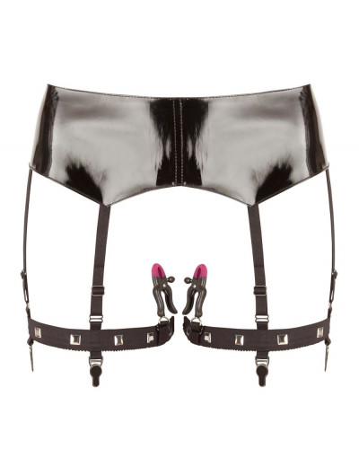 Черная сбруя на бедра с зажимами для половых губ Suspender Belt with Clamps