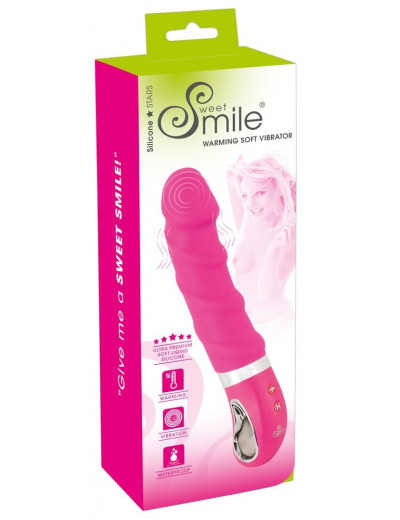 Розовый вибратор с рёбрышками и подогревом Warming Soft Vibrator - 22,8 см.