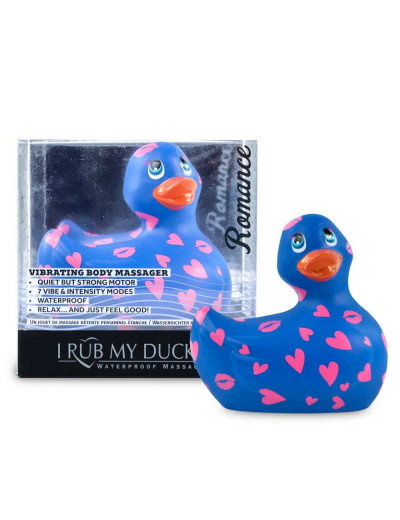 Синий вибратор-уточка I Rub My Duckie 2.0 Romance с розовым принтом