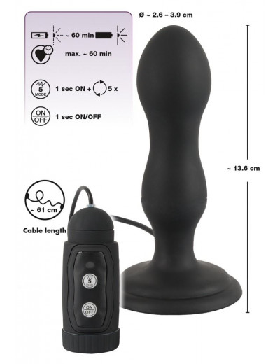 Черная анальная вибропробка с вращением Butt Plug - 13,6 см.