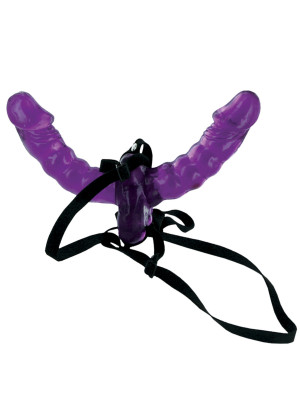 Фиолетовый страпон Double Delight Strap-on с вагинальной пробкой - 15 см.
