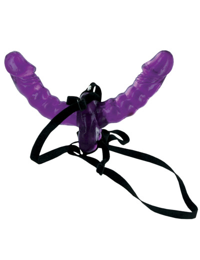 Фиолетовый страпон Double Delight Strap-on с вагинальной пробкой - 15 см.