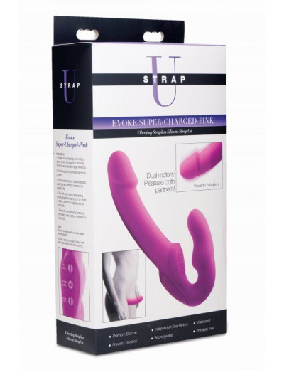 Розовый безремневой страпон с вибрацией Evoke Rechargeable Vibrating Strap On - 24,7 см.