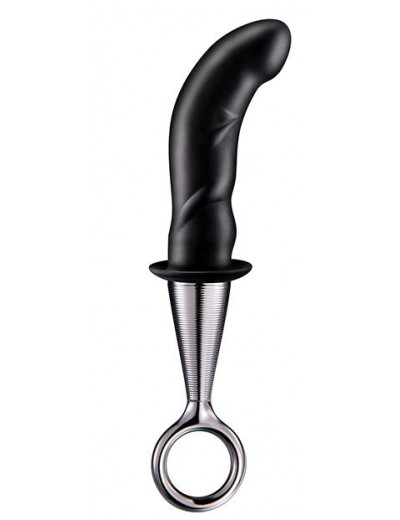 Чёрный изогнутый ребристый анальный плаг ANAL PLUG WITH PLATED HANDLE