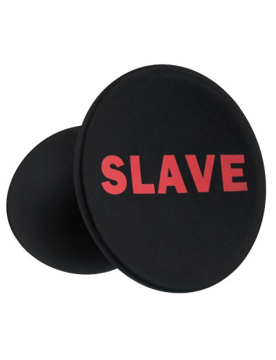 Черная анальная пробка для раба с надписью Slave Plug - 6,4 см.