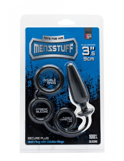 Чёрное эрекционное кольцо с подхватом и анальным стимулятором MENZSTUFF 3.5INCH DOUBLE RING ANAL PLUG