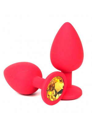 Красная силиконовая анальная пробка с оранжевым стразом - 8 см.