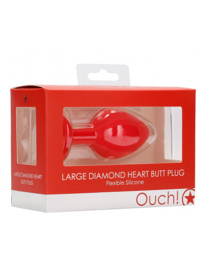 Красная анальная пробка с прозрачным стразом Large Ribbed Diamond Heart Plug - 8 см.