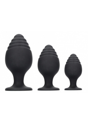 Набор из 3 черных анальных пробок Rippled Butt Plug Set