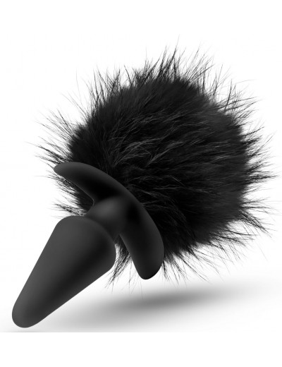 Силиконовая анальная пробка с чёрным заячьим хвостом Bunny Tail Pom Plug - 12,7 см.
