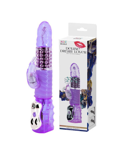 Сиреневый вибромассажер-ротатор с клиторальным отростком Deluxe Dream Lover - 26 см.