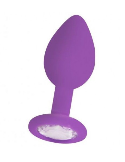 Фиолетовая анальная пробка OUCH! Regular Diamond Butt Plug с прозрачным кристаллом - 7,3 см.