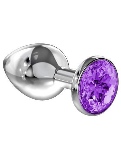 Малая серебристая анальная пробка Diamond Purple Sparkle Small с фиолетовым кристаллом - 7 см.