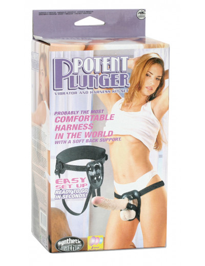 Поясной виброфаллос на кожаных трусиках POTENT PLUNGER HARNESS WITH 8 VIBRATOR - 20,2 см.