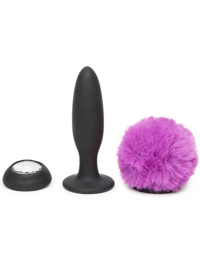 Черная анальная вибропробка Rechargeable Vibrating Bunny Tail Butt Plug Large - 14 см.