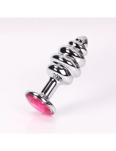 Серебристая рифленая пробка с розовым кристаллом - 9 см.