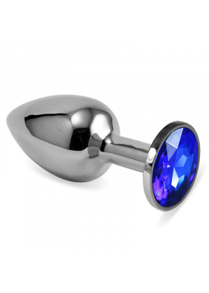 Серебристая анальная пробка Silver Small с гладкой поверхностью и синим кристаллом - 7,6 см.