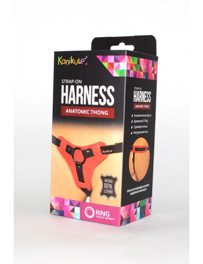 Красно-чёрные трусики для фиксации насадок кольцом Kanikule Leather Strap-on Harness  Anatomic Thong