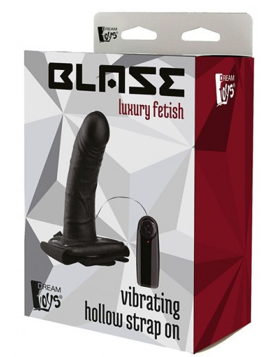 Черный полый страпон VIBRATING HOLLOW STRAP-ON с вибрацией - 16 см.