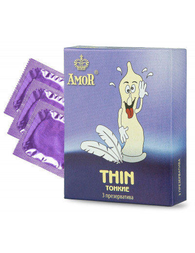 Супертонкие презервативы AMOR Thin  Яркая линия  - 3 шт.