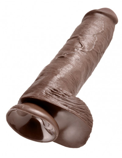 Коричневый фалоимитатор-гигант на присоске 11  Cock with Balls - 28 см.