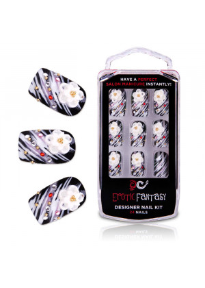 Черно-белые акриловые типсы со стразами и аппликацией Passion
