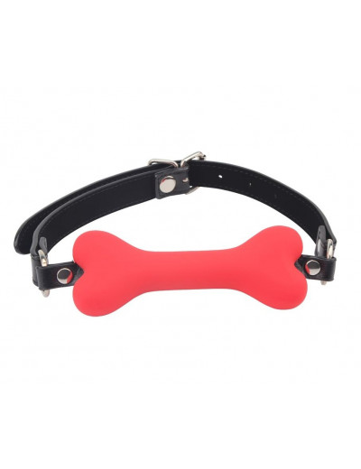 Красный силиконовый кляп-косточка на черном ремешке Doggie Bone Bit Gag