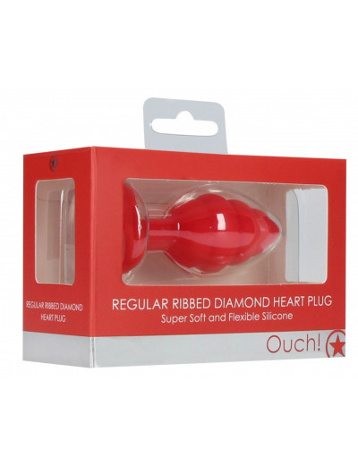 Красная анальная пробка Regular Ribbed Diamond Heart Plug - 7 см.