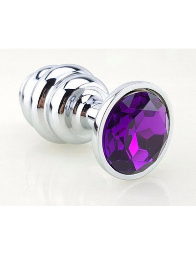 Серебристая рифлёная пробка с фиолетовым кристаллом - 9 см.