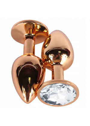 Золотистая гладкая анальная пробка с прозрачным кристаллом - 6,8 см.