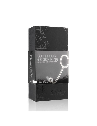 Серебристое эрекционное кольцо с анальной пробкой Sinner Metal Cock Ring With Anal Plug Size L