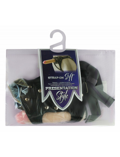 Черный пояс-трусики с двумя насадками Soft-Dolli - 16,5 и 10,5 см.
